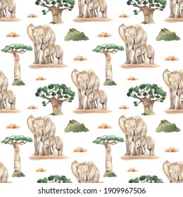 African Savannah With Baobabs And Dry Grass On A White Background. Watercolor Seamless Pattern Mom And Baby Elephants