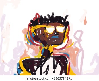 African Teen Portrait. Abstract Rough Painting With Shapes Line And Shape. Expressionism. For Print Poster And Canvas. Painting For Decoration.