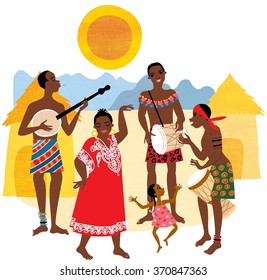 African Traditional Music Band Playing And People Dancing. In The Village. Illustration. 