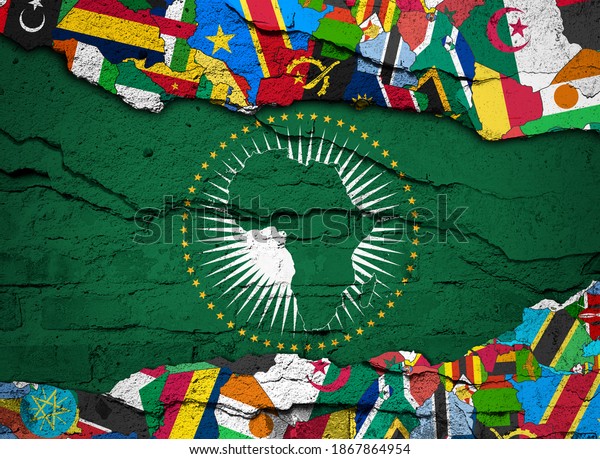 African Union flag and African\
flags,maps painted on an old wall background -3D illustration\
