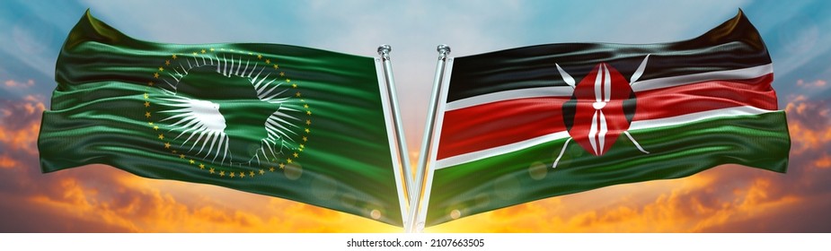 African Union Flag And Kenya Flag Waving With Texture Sky Clouds And Sunset Double Flag - 3D Illustration - 3D Render  