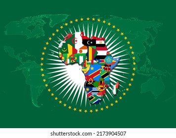 African Union Flag With Map And Flags And World Map Background -3D Illustration