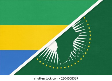 African Union And Gabon National Flag From Textile. Africa Continent Vs Gabonese Symbol.