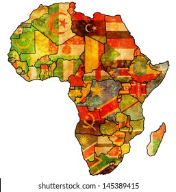 African Union On Actual Vintage Political Map Of Africa With Flags