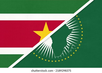 African Union And Suriname, National Flag From Textile. Africa Continent Vs Surinamese Symbol.