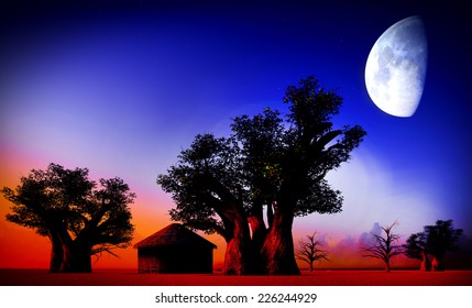 African Village At Night With Big Moon