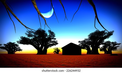 African Village At Night With Big Moon