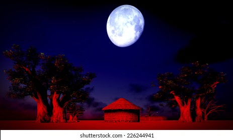 African Village At Night With Big Moon