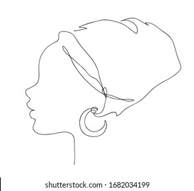 African woman face silhouette in national headdress icon. Logo outline illustration of pretty girl. Black and white hand drawn line art style