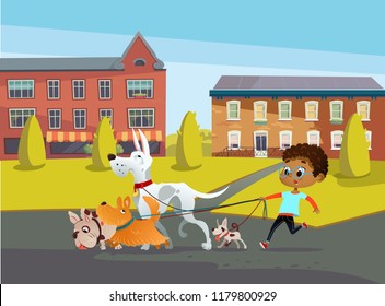 African-American boy holds a dog-lead and looks after pets. Kid walks dogs on leash along city street against buildings on background. Cartoon character strolls with her domestic animals in downtown - Powered by Shutterstock