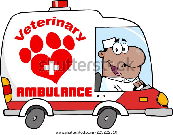 Afro American Doctor Driving Veterinary\
Ambulance. Raster Illustration Isolated on\
white