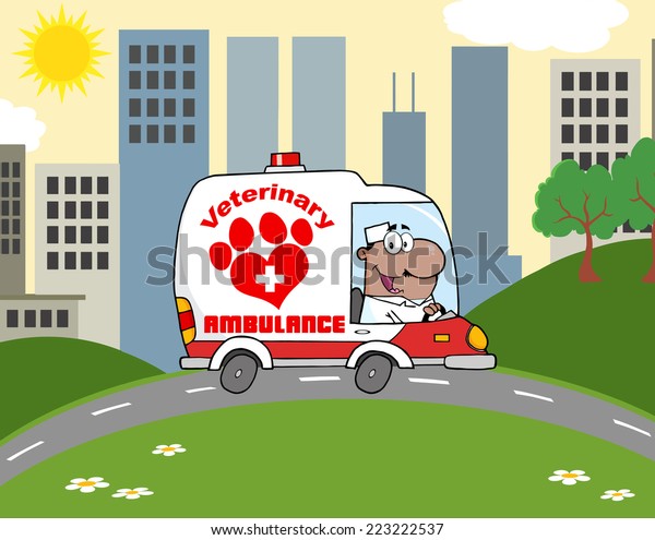 Afro American Doctor Driving Veterinary\
Ambulance In The City. Raster\
Illustration