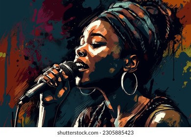 Afro American woman singing into a microphone, Jazz, painted in watercolor on textured paper. Digital watercolor painting - Powered by Shutterstock