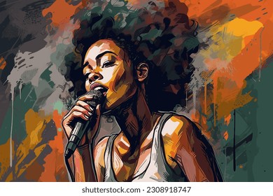 Afro American woman singing into a microphone, Jazz, painted in watercolor on textured paper. Digital watercolor painting - Powered by Shutterstock