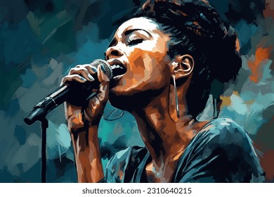 Afro American woman singing into a microphone, Jazz, painted in watercolor on textured paper. Digital watercolor painting - Powered by Shutterstock