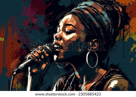 Afro American woman singing into a microphone, Jazz, painted in watercolor on textured paper. Digital watercolor painting