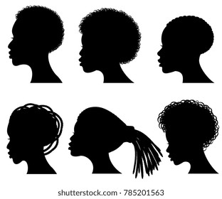 Afro american young woman face black silhouettes. Shape black silhouette woman hair illustration