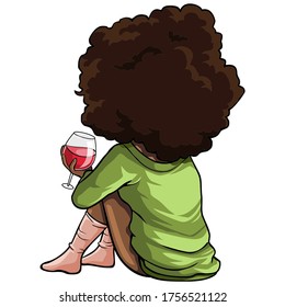 Afro hairstyle woman in green blouse holding a glass of wine facing backward