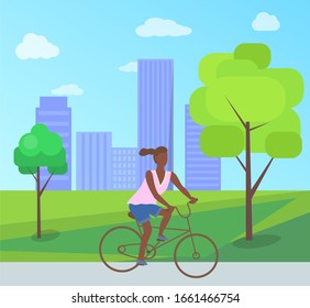 Afro-american woman riding on bike in city park with trees, bushes and buildings. raster teenage girl at bicycle, cartoon character female ride on cycle - Powered by Shutterstock