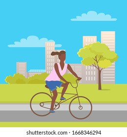 Afro-american woman riding on bike in city park with trees, bushes and buildings. raster teenage girl at bicycle, cartoon character female ride on cycle - Powered by Shutterstock