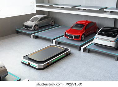 After Parking Red Car At Parking Space. Automated Guided Vehicle (AGV) Leaving The Parking Space To Picking Next Car. Concept For Automatic Car Parking System. 3D Rendering Image.