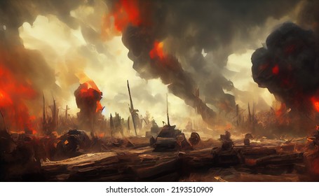 After The War In Battlefield. Digital Art Illustration Painting 