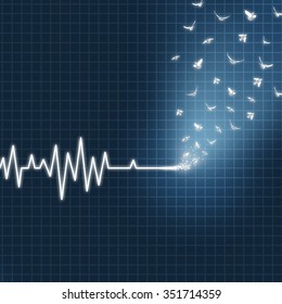 Afterlife Concept As An Ecg Or Ekg Medical Heart Monitor Lifeline  Showing A Flatline Transforming Into White Doves Flying Upward Towards Heaven As Faith Metaphor For Believing In Life After Death.