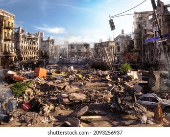 Aftermath of deadly tornado. Ruined city after storm disaster; cars, homes heavily damaged by a tornado. Buildings on the street destroyed by hurricane, twister. Property total destruction 3D image