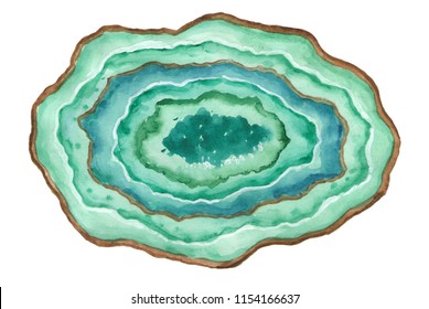 The agate is insulated. Slice of green minerals. Stone cut. Background. Watercolor illustration