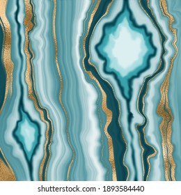 Agate or Liquid Marble Texture Rich Premium Gold Teal Background Design. Abstract cool texture for poster layout, marble or agate stone imitation.