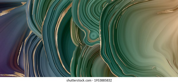 Agate marble fluid abstract background, gold stripe texture. Green marble agate with golden veins. Realistic abstract marbling texture and shiny gold background. Fluid marbling effect. Illustration