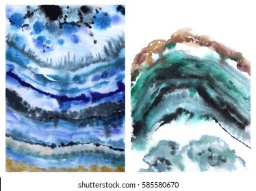 Agate Slice Coaster, Blue Green Stone, Natural Pattern, Watercolor Art Painting, Illustration Raster Print, Two Pictures On One Canvas.