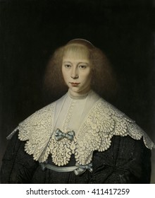 Agatha Geelvinck, Wife of Frederik Alewijn, by Dirck van Santvoort, 1637-40, Dutch oil painting, She wears an extravagant large lace collar over her black dress