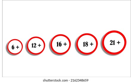 Age restriction sign set. Age limit concept icons. Prohibition icons. Censore concept. Adults content only age restriction 6, 12, 16, 18, 21 plus years old icon signs set. 