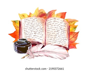 Aged Book, Ink Bottle, Pen Feather And Autumn Leaves. Hand Written Latin Text Lorem Ipsum In Open Textbook. Watercolor Education Card For School Design 