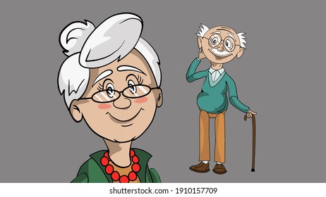 Aged grey haired couple isolated on grey background illustration.