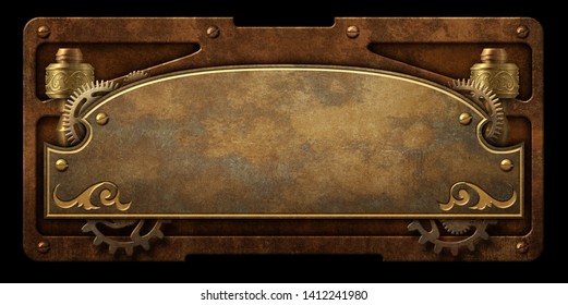 Aged Metal Plaque With Steampunk Gear And  Copper Border Isolated 3D Digital Illustration