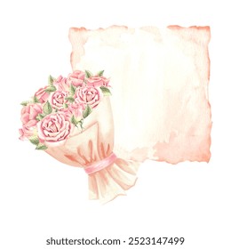 Aged sheet of paper decorated with bouquet of roses flowers. Parchment page. Hand drawn watercolor illustration isolated. Romantic love letter. Vintage template with copy space for card, invitation. - Powered by Shutterstock