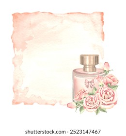 Aged sheet of paper with perfume bottle and rose flowers. Parchment page. Hand drawn watercolor illustration isolated. Romantic love letter. Vintage template with copy space for postcard, invitation - Powered by Shutterstock