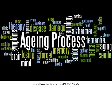 Ageing Process, Word Cloud Concept On Black Background.