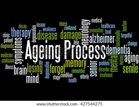 Ageing Process, word cloud concept on black background.