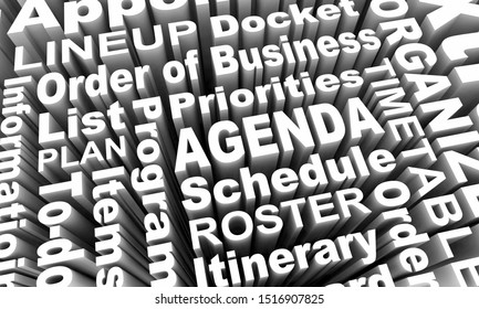 Agenda Items Priorities Order Of Business Schedule Words 3d Illustration