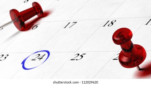 agenda with red pushpins pointing on different dates with blur effect, number 24 is surrounded by a blue circle