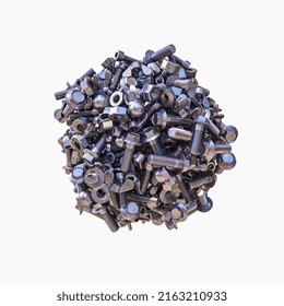 Agglomeration Of Bolts, Nuts And Small Mechanical Parts On A White Background. 3d Render