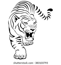 Aggressive concealed large tiger on the hunting, hand drawing outline isolated on a white background