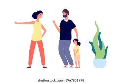 Aggressive Mother. Woman Screams Daughter. Family Abuse, Crying Child. Father Protects Daughter From Angry Mom Illustration