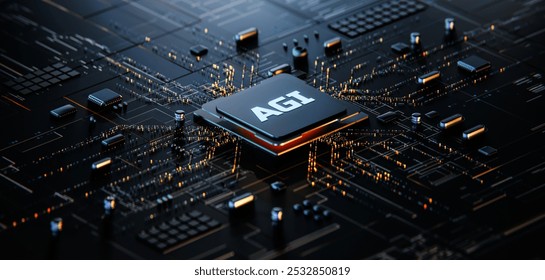 AGI Artificial General Intelligence Chip on Circuit Board. 3D Illustration