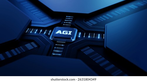AGI Artificial General Intelligence Chip on Circuit Board. 3D Illustration