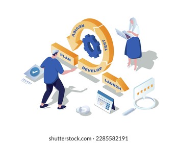 Agile development concept 3d isometric web scene. People working with process of plan, develop software, test, review, launch and other devops cycle. Illustration in isometry graphic design - Powered by Shutterstock