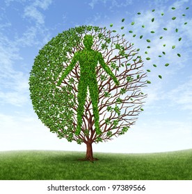 Aging and disease with a tree leaves with branches in the shape of an old  human losing foliage as dying or loss of health due to age related illness as alzheimer and dementia or terminal cancer.